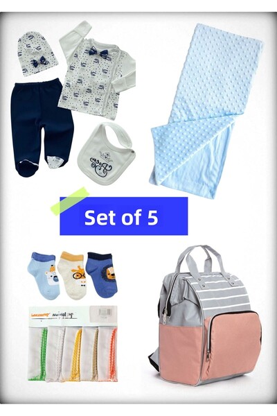 Avşar Baby 5-Piece Birth Set (Mother Baby Bag, Hospital Release Blanket, 10-Piece Wipes and 3-Piece Socks)