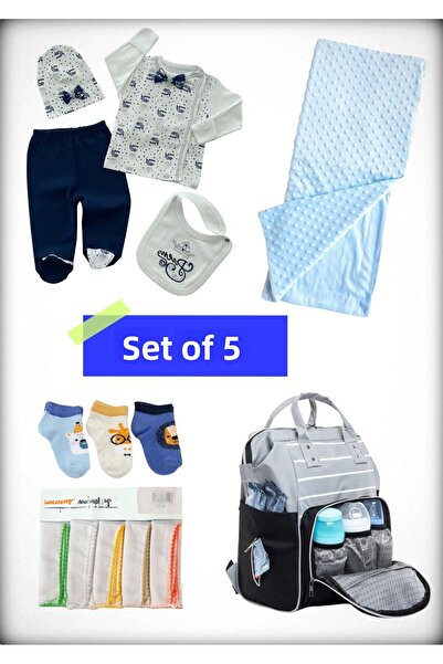 Avşar Baby 5-Piece Birth Set (Mother Baby Bag, Hospital Release Blanket, 10-Piece Wipes and 3-Piece Socks)