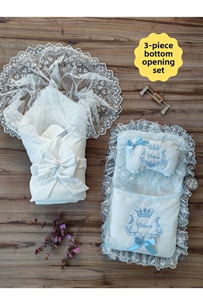 Tomuycuk طقم فتحة سفلية مكونة من 3 قطع مع قماط ومنصات - أبيض وردي ودانتيل