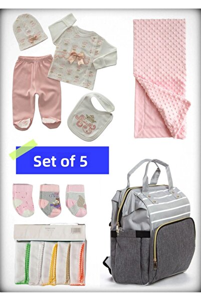Avşar Baby 5-Piece Birth Set (Mother Baby Bag, Hospital Release Blanket, 10-Piece Wipes and 3-Piece Socks)