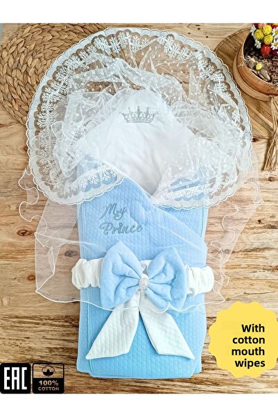 Tomuycuk قماط للأطفال الأولاد باللون الأزرق مع بطانية ودانتيل - هدية لحديثي الولادة في المستشفى مصنوعة من القطن الطبيعي بنسبة 100%