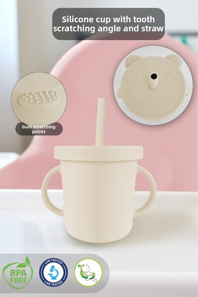 Meleni Baby كوب سيليكون لتغذية وتمارين الأطفال - غطاء مانع للتسرب، مع مصاصة، بيج
