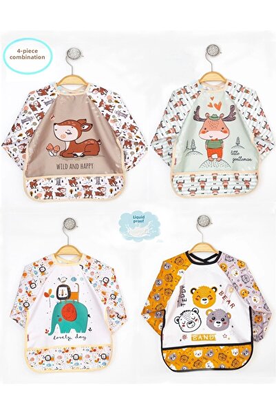 dubi baby Bebechi Liquid-Proof 4-Pack Long Sleeve Baby Food Bib with Animal F...