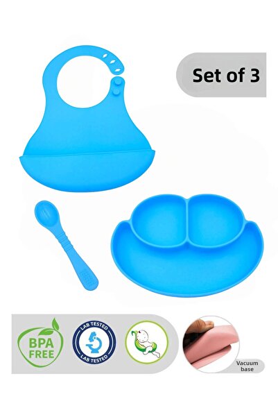 CKM silikon Blue Silicone 3-Piece Baby Feeding Set - Vacuum Plate Bib and Spo...