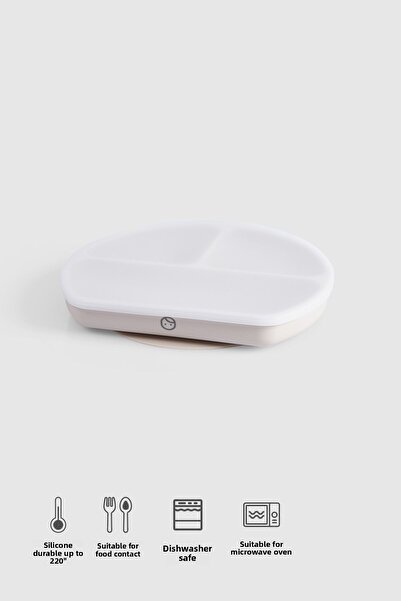 Little Gusto 3 Compartment Covered Silicone Vacuum Beige Food Plate