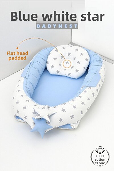 Umaybebek Babynest, Baby Sleeping Bed 0-2 Years - 100% Cotton - Blue White Star