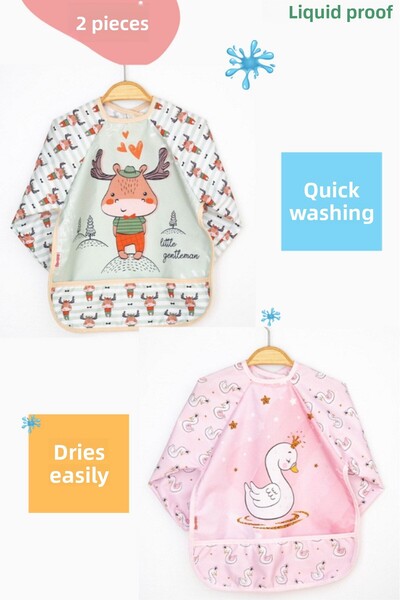Bamoola Pack of 2 Deer and Swan Patterned Long Sleeve Baby Food Bibs