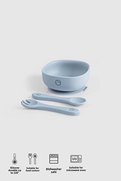 Little Gusto Silicone Vacuum Blue Food Plate and Fork Spoon Set
