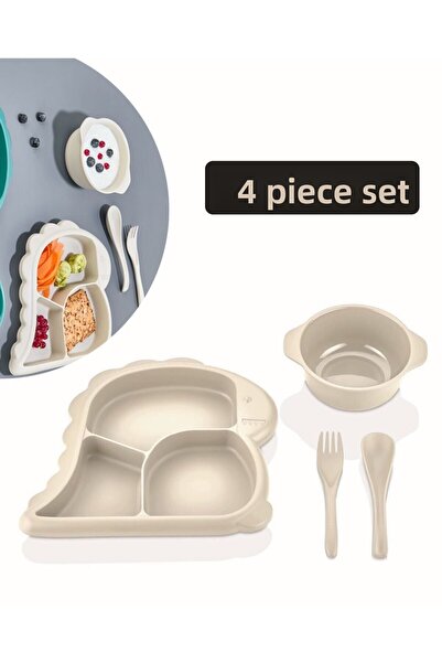 Bayev Dino Cream 4 Piece Piece Baby Food Set Food Plate Set Children's Breakfast Plate