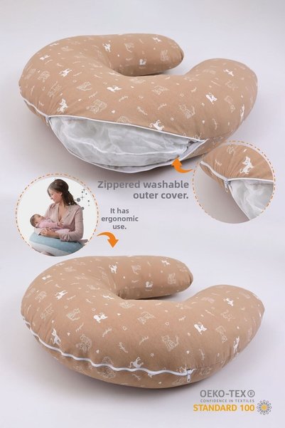 Umaybebek Double Sided Breastfeeding Pillow Baby Support Cushion Cotton Fabric - Brown Cat