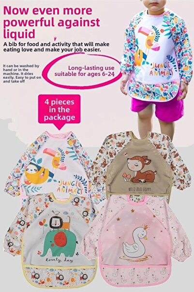 dubi baby Bebechi Liquid-Proof 4-Pack Long Sleeve Baby Food Bib with Animal F...
