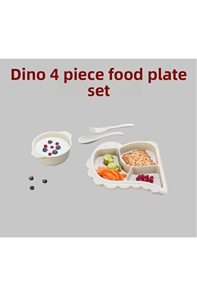 Bayev Dino Cream 4 Piece Piece Baby Food Set Food Plate Set Children's Breakfast Plate