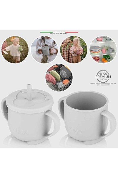 Elele 2in1 Silicone Baby Drinking Cup with Handle and Straw Gray