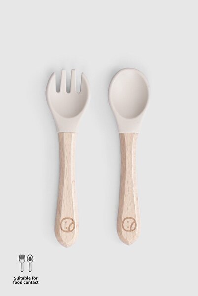 Little Gusto Beige Silicone Fork Spoon Set with Bamboo Handle