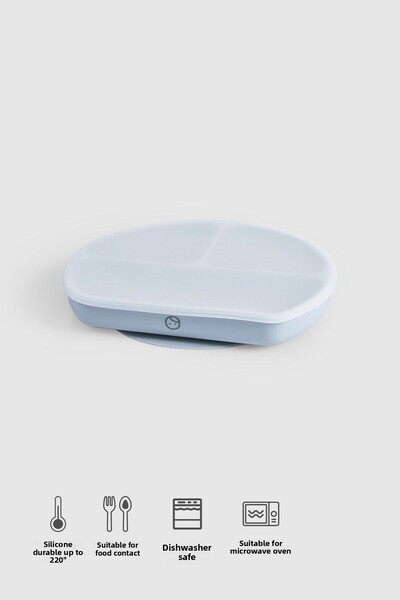 Little Gusto 3 Compartment Silicone Vacuum Blue Food Plate with Lid