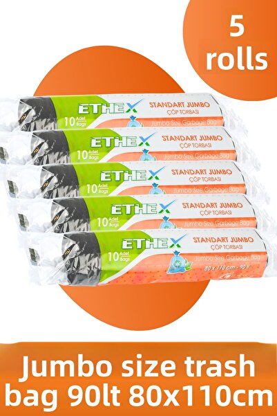 Ethex كيس قمامة جامبو قياسي - (10 قطع، 80 × 110 سم، 90 لتر، 5 لفات سوداء)