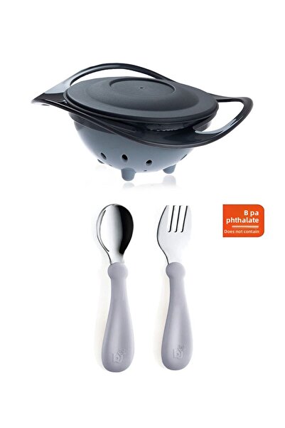 Babyjem طبق رمادي مانع للانسكاب + طقم ملاعق شوكة ستانلس رمادي