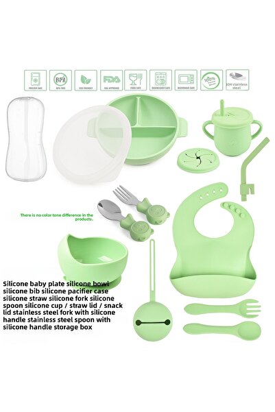 jojobebek طقم تغذية سيليكون أخضر - فراغ، طبق طعام ووعاء، شوكة، ملعقة، كوب، إلخ