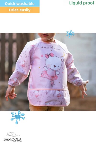 Bamoola Pink Teddy Bear Patterned Long Sleeve Baby Food Bib