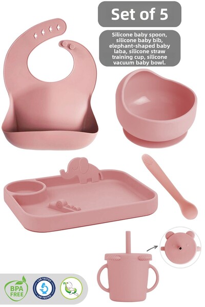 Meleni Baby 5-Piece Silicone Feeding Set - Baby Bib - Plate - Vacuum Bowl - C...