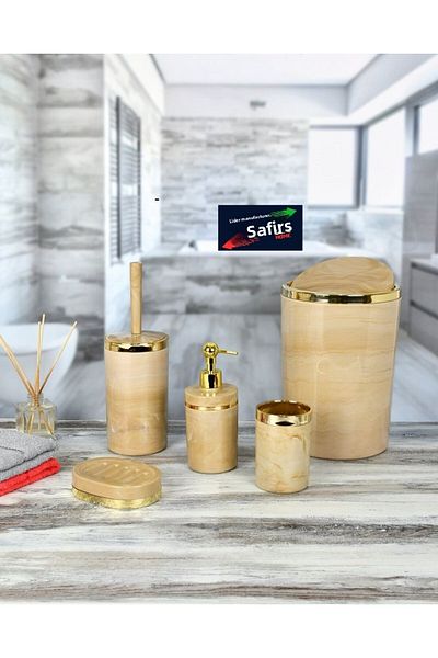 SAFİR 5 Piece Marble Patterned Bathroom Set - WC Brush Holder, Liquid-Solid Soap Dispenser, Dustbin, Toothbrush Holder