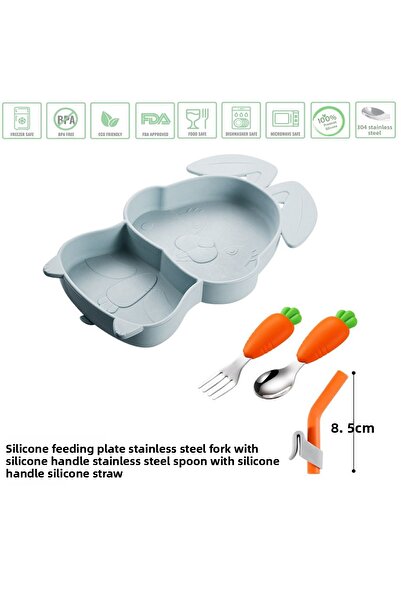jojobebek طبق طعام من السيليكون مفرغ من الهواء، مقبض من السيليكون، شوكة وملعق...