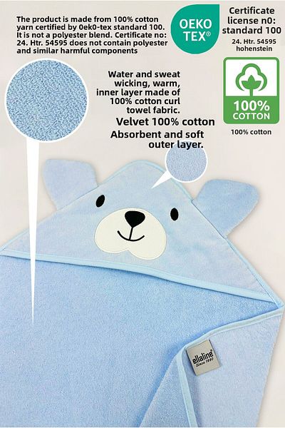 Ellaline Blue Dog Velvet Baby Towel - 100% Cotton, Oeko-Tex Certified, Soft Absorbent and Warm