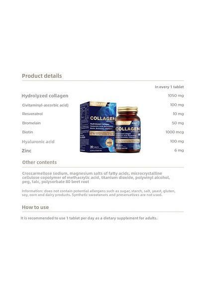 Nutraxin Containing Resveratrol, Hyaluronic Acid, Biotin and Zinc - Hydrolyzed Collagen 30 Tablets
