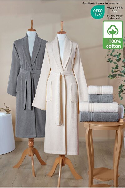 Ellaline Σετ μπουρνούζι 6 τεμαχίων ριγέ 100% βαμβάκι Πιστοποιημένο οικογενειακό σετ μπουρνούζι πετσετών Σετ προίκας Γκρι - Κρέμα