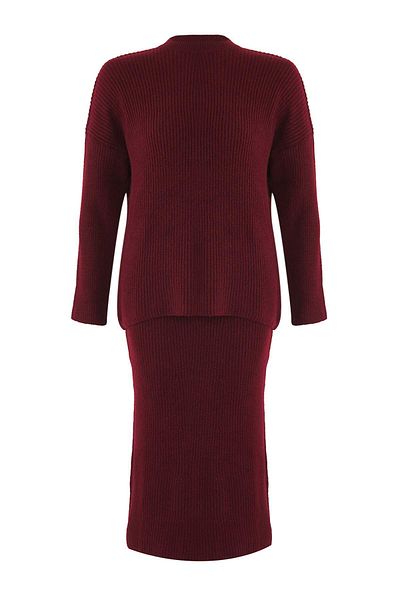 Trendyol Curve Set de tricotaje și pulover și pantaloni de jos și de sus, roșu Claret