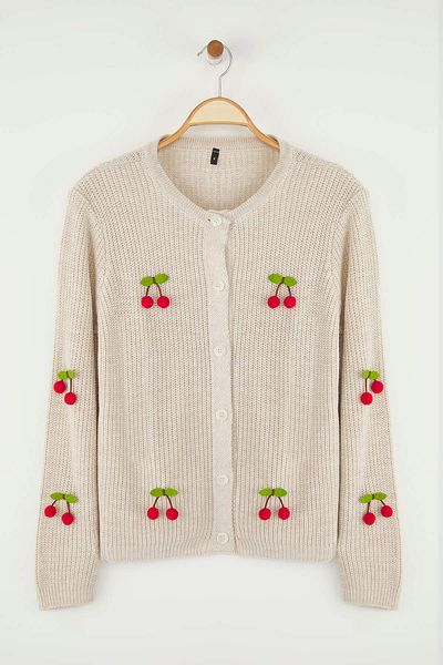 Trendyol Collection Stone Fruit Embroidered Soft Textured Knitwear Cardigan Twoaw26Hi00039