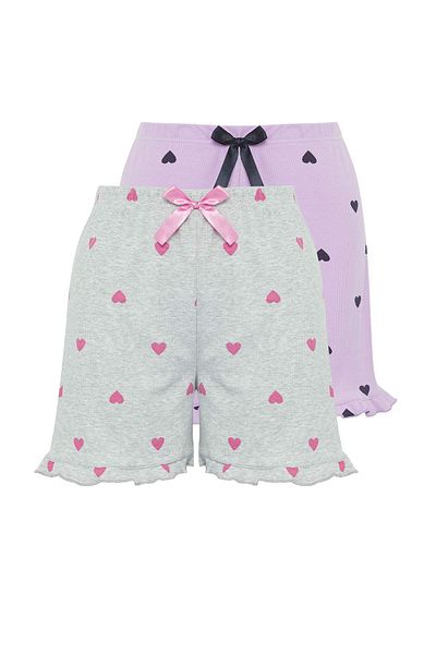 Trendyol Curve Grey-Lilac Heart Pattern Ruffle 2 Pack Camisole Knitted Pajama Bottoms Tbbss25Ia00007