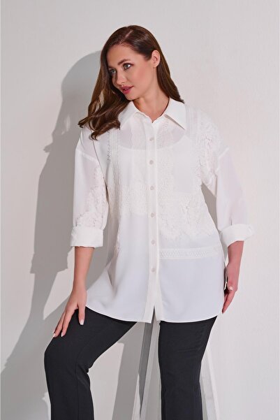 DE WHITES Plus Size Shirt with Lace Front and Brodere Detail