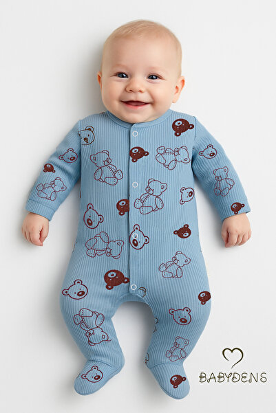 BABYDEN'S Ayıcık Desenli Mavi Fitilli Tulum Çıtçıtlı, Patikli %100 Pamuk Bebe...