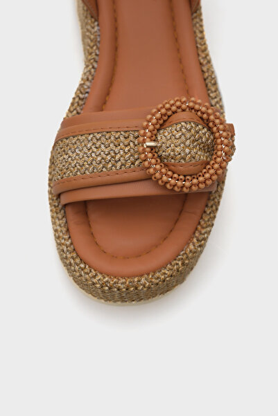 Capone Outfitters Vanda Wooden Single Buckle Leopard Straw Wedge Heeled Women's Sandals