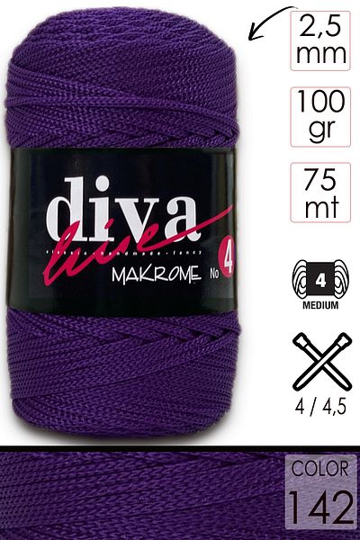 Diva İplik Diva Macrame Twine Thick (NO:4) 142 Μωβ.