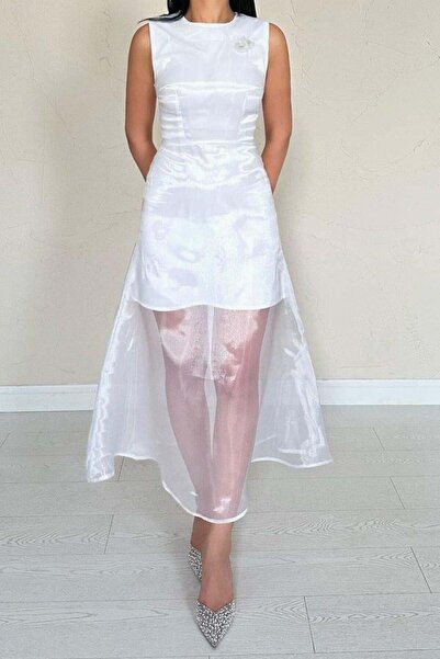 gl00my Λευκό Φόρεμα Οργάντζα με λεπτομέρειες Atlas
