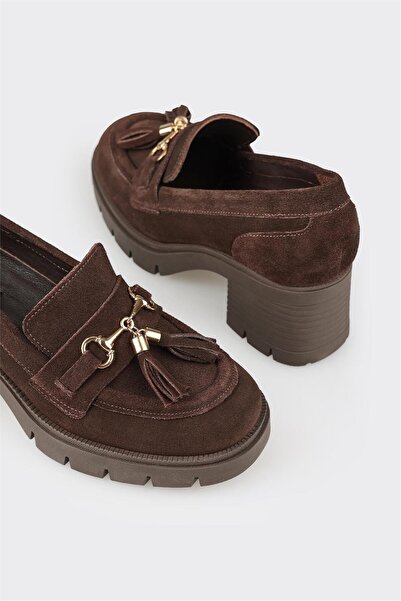 Elle Shoes Brown Leather Women's Mid Heel Shoes