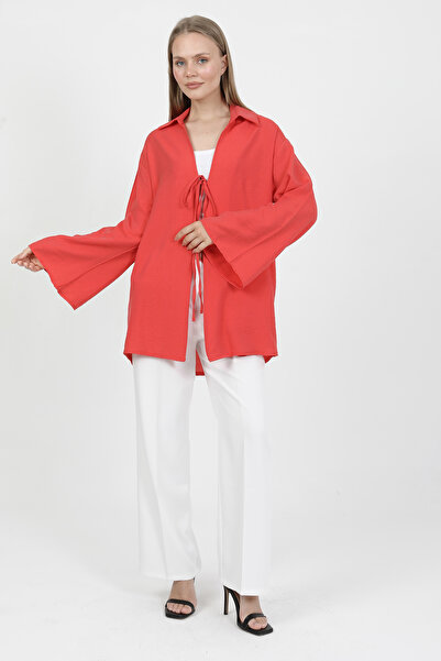 PASTELASTORE Red Natural Viscose Fabric Pocketed Lace-Up Women's Kimono 1167 – Lightweight, Flowy, Fluid