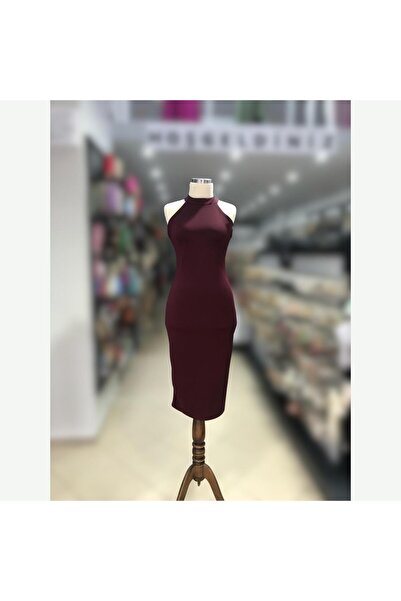 Bijutek Scuba Kumaş Bordo Sıfır Kol Boğazlı Elbise
