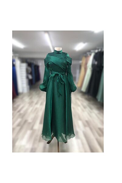 Bijutek Βραδινό φόρεμα από τούλι με σμαραγδένιο πράσινο μανίκια με κορδόνια