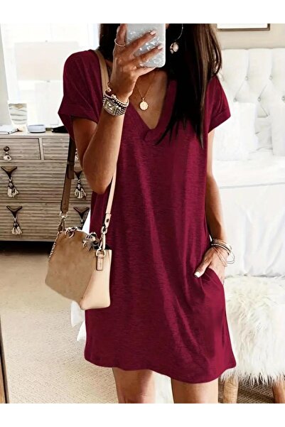 HAZEGO فستان نسائي قصير الأكمام بياقة V وفيسكوز مع جيوب