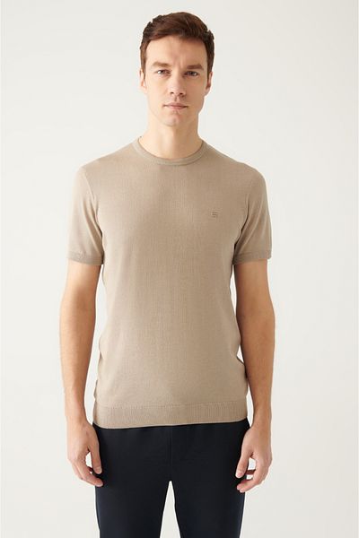 Avva Men's Mink Crew Neck Ribbed Basic Knitwear T-Shirt A31Y5133