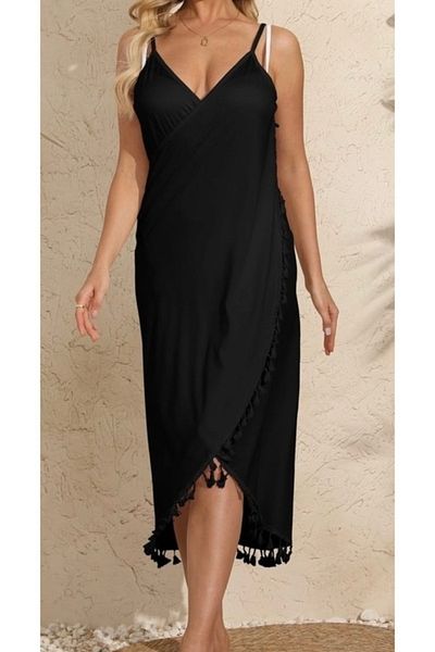 My Easy Shop Women's Beachwear Pareo Viscose Pompom Detailed Beach and Pool Suspender Dress