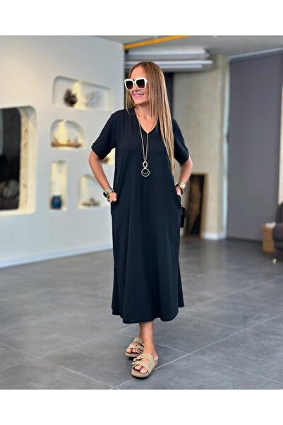 özssa Women's Short Sleeve V-Neck Pocket Detailed Long Viscose Two Thread Dress