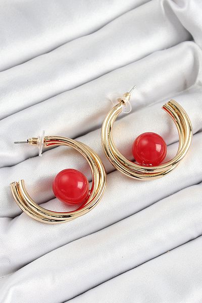Skygo Brass Gold Color Hoop Model Red Bead Detail Women's Earrings - Tj-Bkp10366