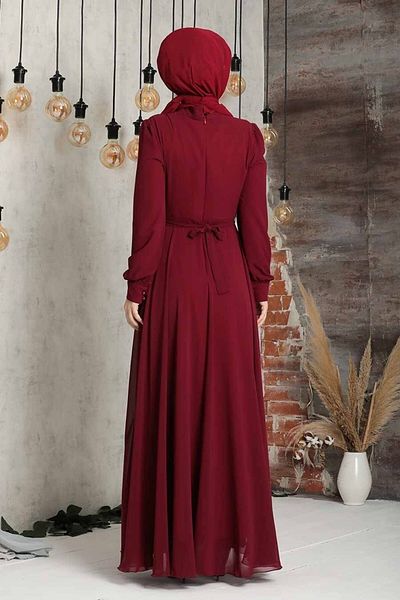 Neva Style - Μπορντό Φόρεμα Hijab με λεπτομέρεια με κουμπί 2703br
