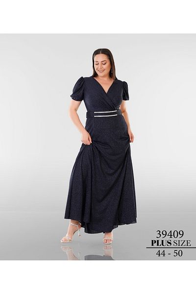 Bijutek Navy Blue Maxi Short Sleeve Polyamide Evening Dress Special Occasion-Event / Graduation Dress