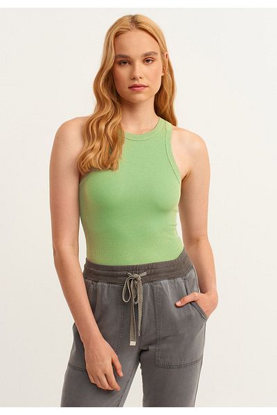 la & vetta Women's Pistachio Green Ribbed T-shirt Halter Neck Knitted Tank Top