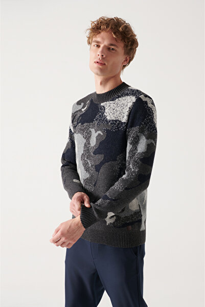 Avva Men's Gray Crew Neck Jacquard Wool Sweater A22Y5045